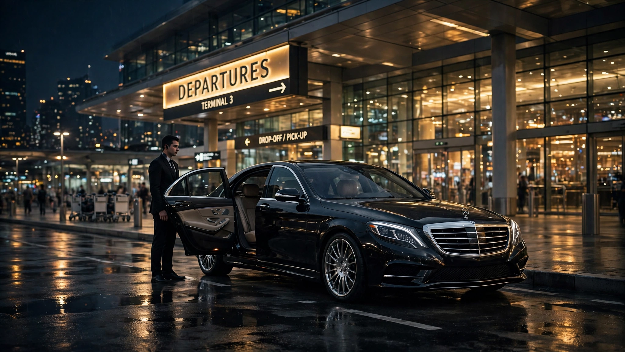 Black luxury sedan with chauffeur at San Diego airport at night